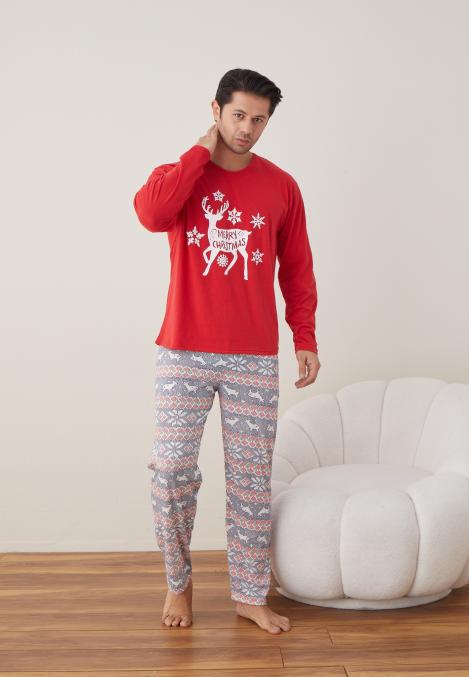 Pijama barbati Craciun " MERRY CHRISTMAS" maneca lunga ,pantaloni lungi,Culoare Rosu Engros